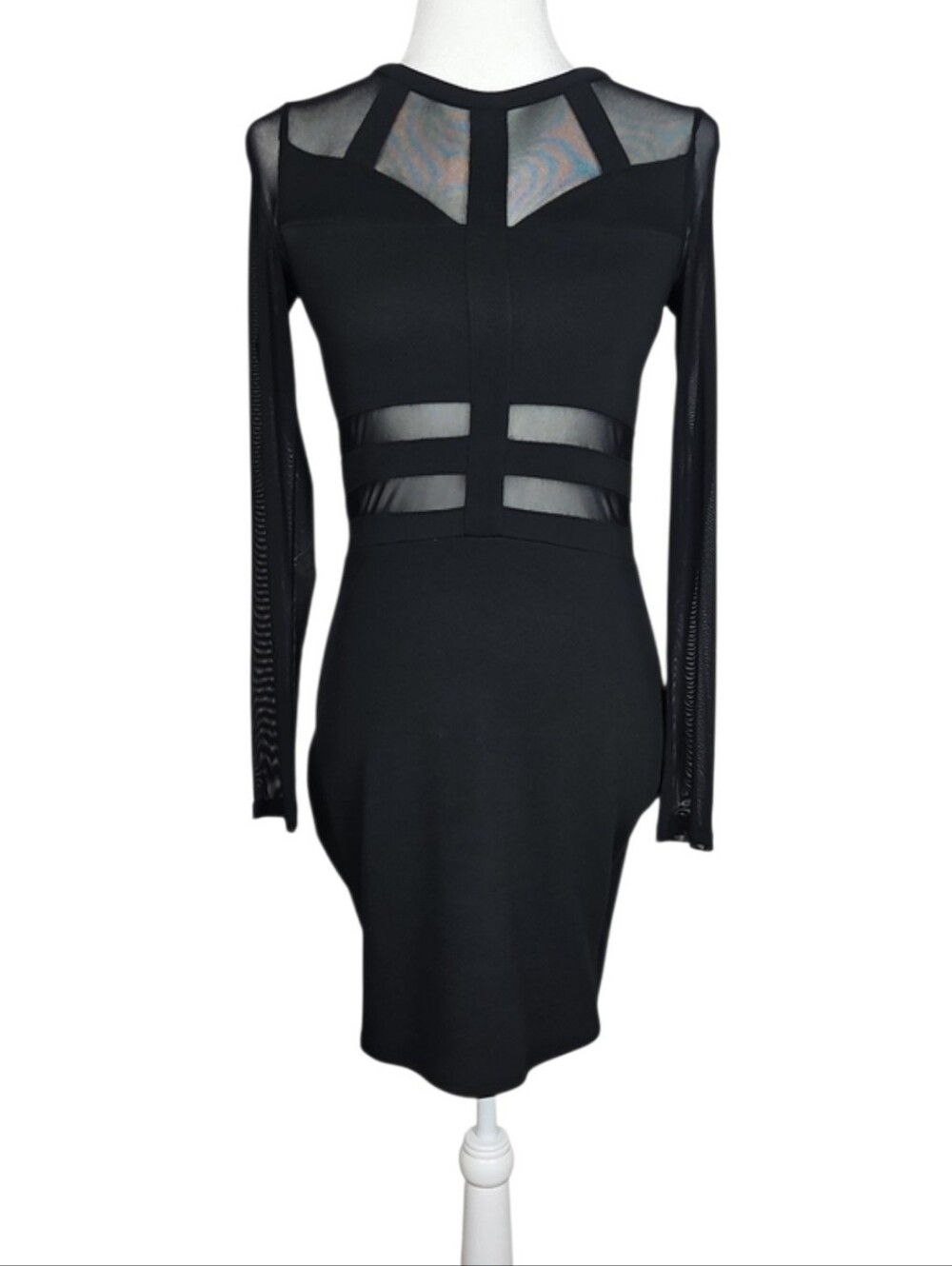 Black Caged Mesh Panel Bodycon Dress Long Sleeve Party Clubwear Night Out, M